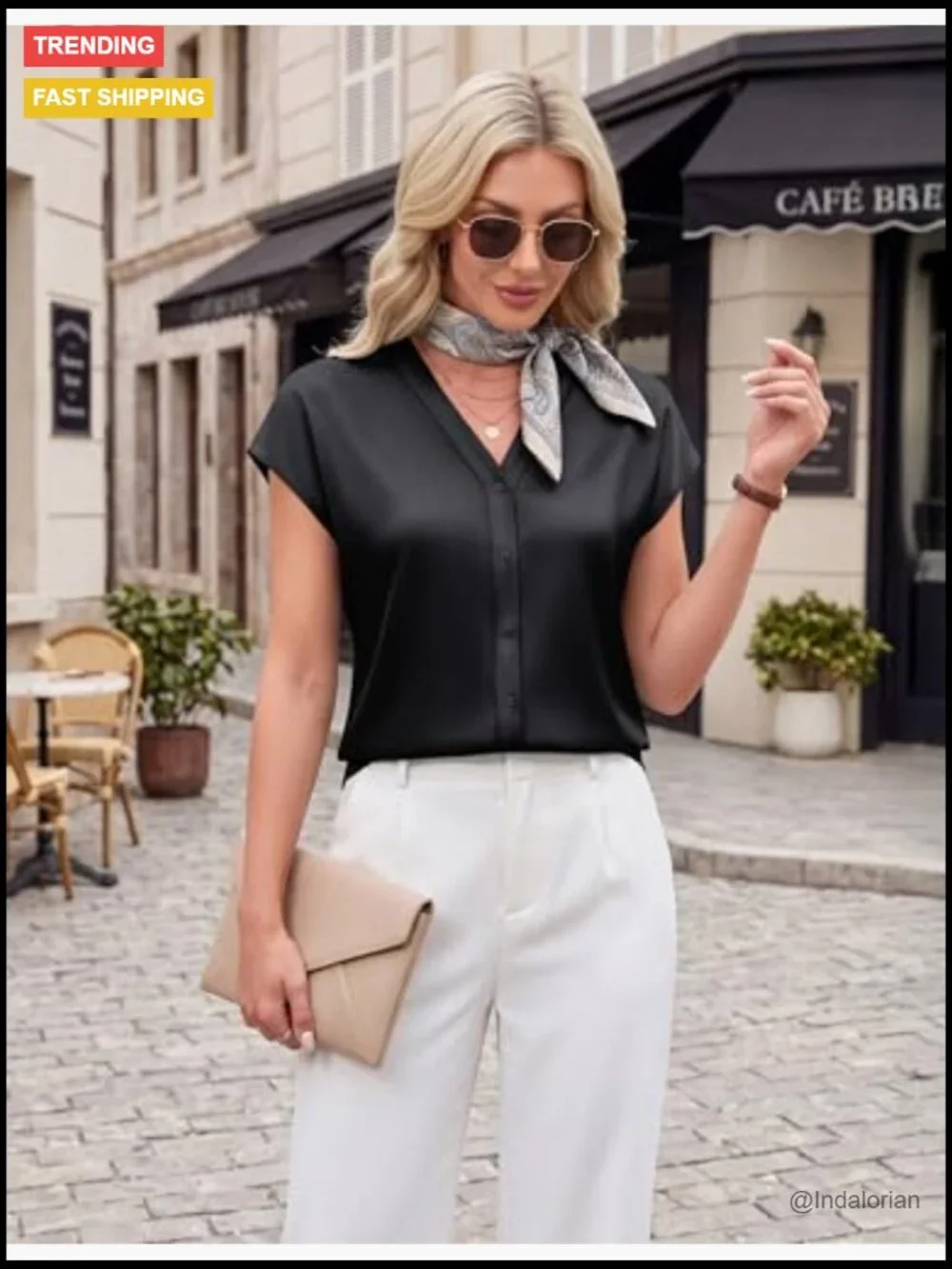 V-Neck Satin Button Down Shirt - Cap Sleeve Blouse for Business Casual